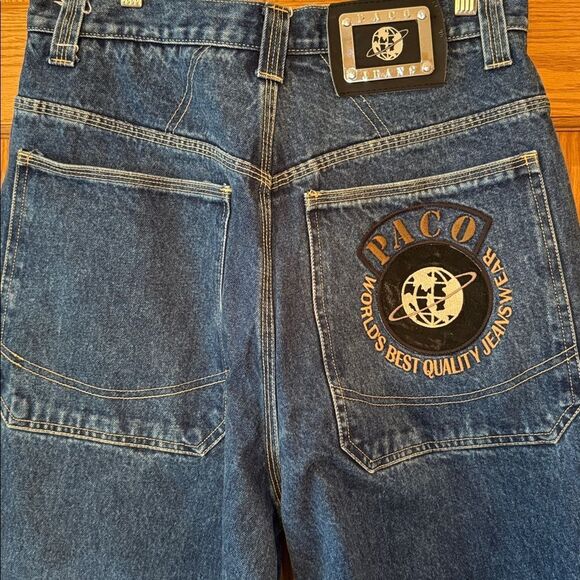 PACO JEANS CO Baggy Y2K Hip Hop Streetwear Globe Logo Embroidered Jeans - Picture 5 of 14
